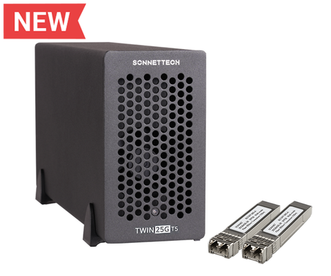 Twin25G T5 Thunderbolt 5 Adapter (Dual-port • 25GbE • Includes two SFP28 transceivers • Thunderbolt 5)