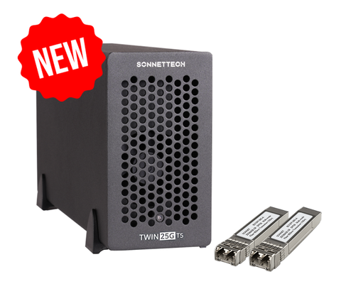 Twin25G T5 Thunderbolt 5 Adapter (Dual-port • 25GbE • Includes two SFP28 transceivers • Thunderbolt 5)